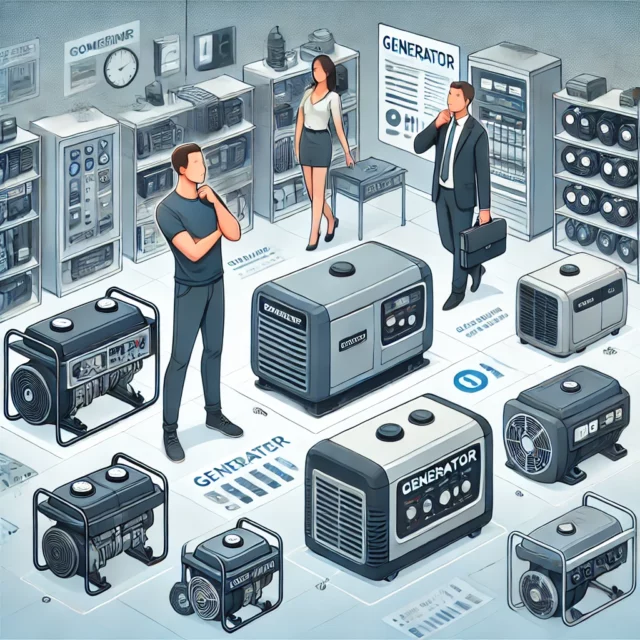 DALL·E 2025-02-12 15.40.41 - A professional and informative illustration for an article about choosing a generator for home and business. The scene features a variety of generator